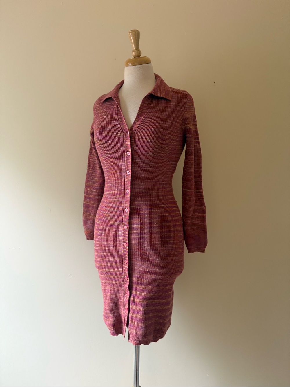 Black Tape Space Dye Ribbed Button Front Sweater Dress Pink Purple Y2K